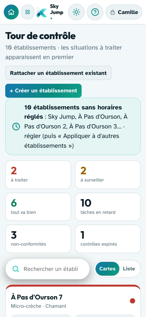 Tour de contrôle sur téléphone : compteurs du réseau puis carte de chaque établissement.